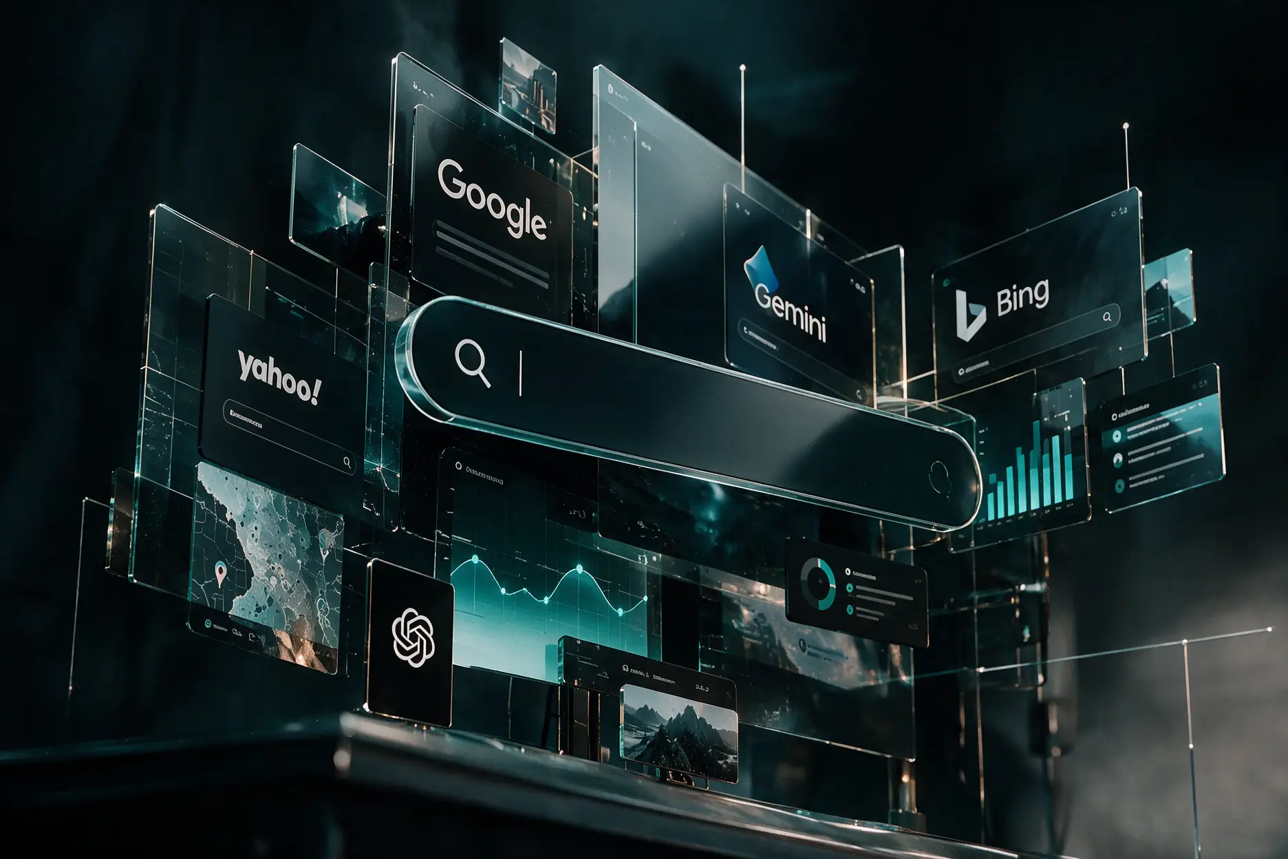 Barra de búsqueda de vidrio flotando entre paneles de buscadores y asistentes de inteligencia artificial, con un mapa con ubicaciones y gráficas de visitas en turquesa