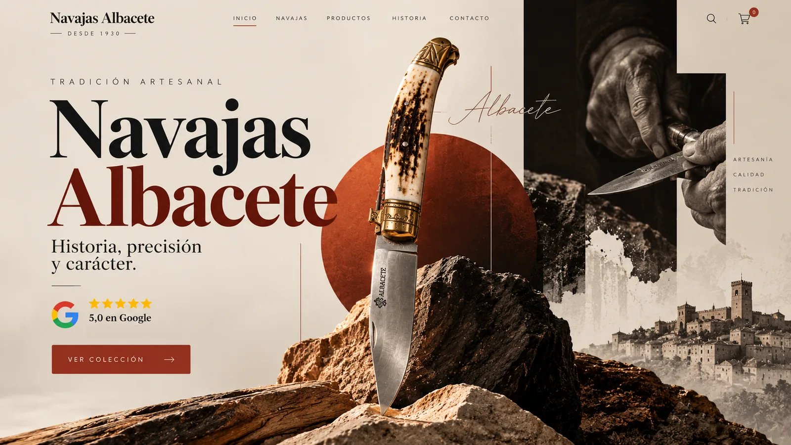 La misma navajería con una web a medida: tipografía editorial grande, una navaja sobre la roca, retrato de las manos del artesano y un pueblo con castillo al fondo