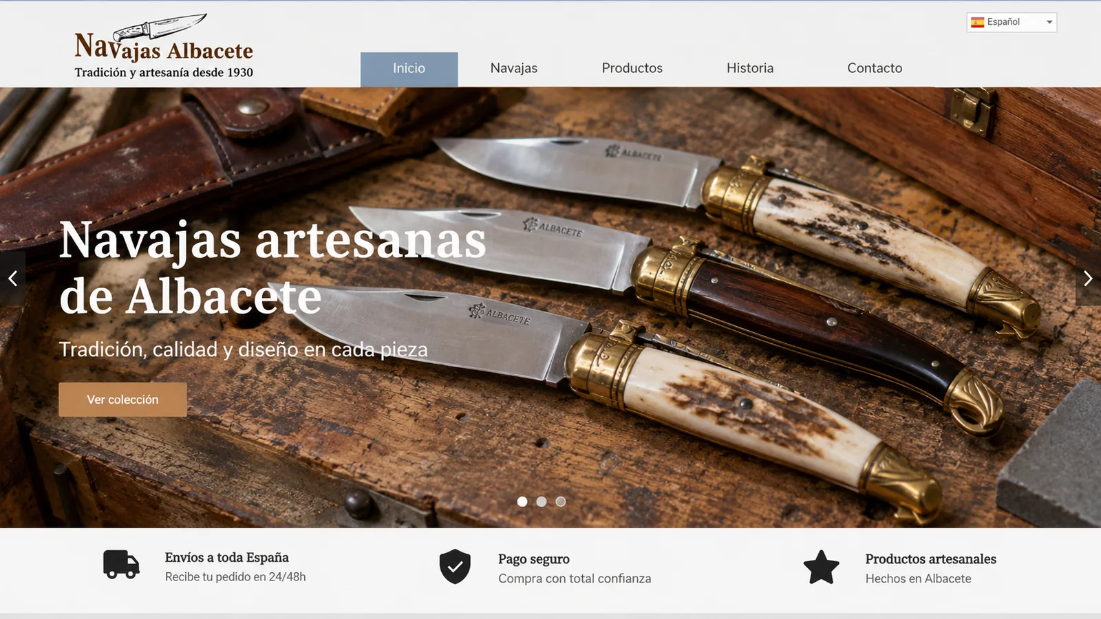 Web de plantilla de una navajería de Albacete: menú estándar, carrusel con foto de navajas, titular en blanco y tres iconos de envío, pago y producto