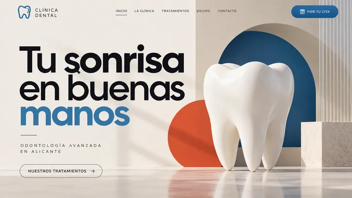 Ejemplo de web a medida para la misma clínica dental: titular grande, una sola llamada a la acción y una ilustración propia