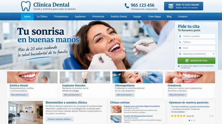 Ejemplo de web de plantilla para una clínica dental: menú con diez apartados, foto de stock, formulario y cuatro tarjetas iguales