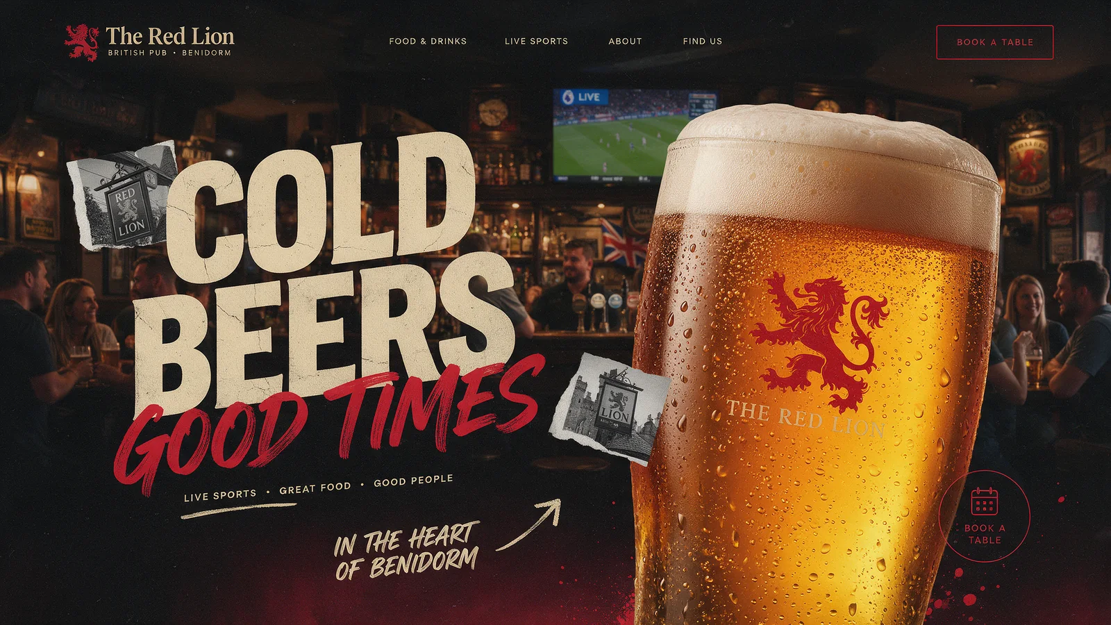 Después: The Red Lion con una web a medida, interior oscuro del pub, titular gigante «Cold beers» con «Good times» a pincel en rojo, una pinta con el león del logo y botón redondo para reservar mesa