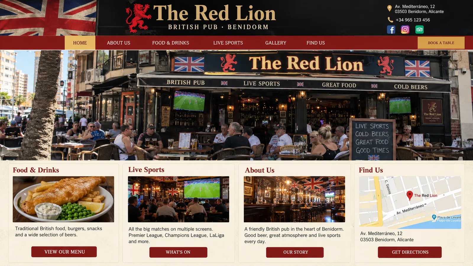 Antes: web de plantilla de The Red Lion, pub británico de Benidorm, con bandera, menú rojo estándar, foto de la terraza y cuatro tarjetas iguales