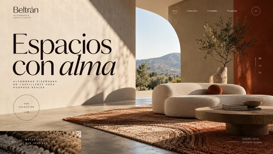 Después: web a medida para la misma tienda de alfombras, con tipografía editorial, fotografía protagonista y una identidad propia