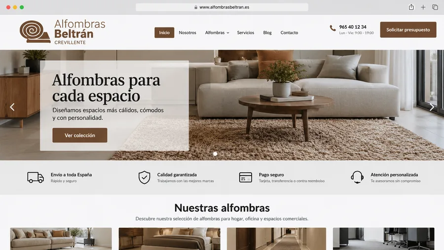 Antes: web de plantilla genérica para una tienda de alfombras, con carrusel, iconos de serie y tarjetas iguales
