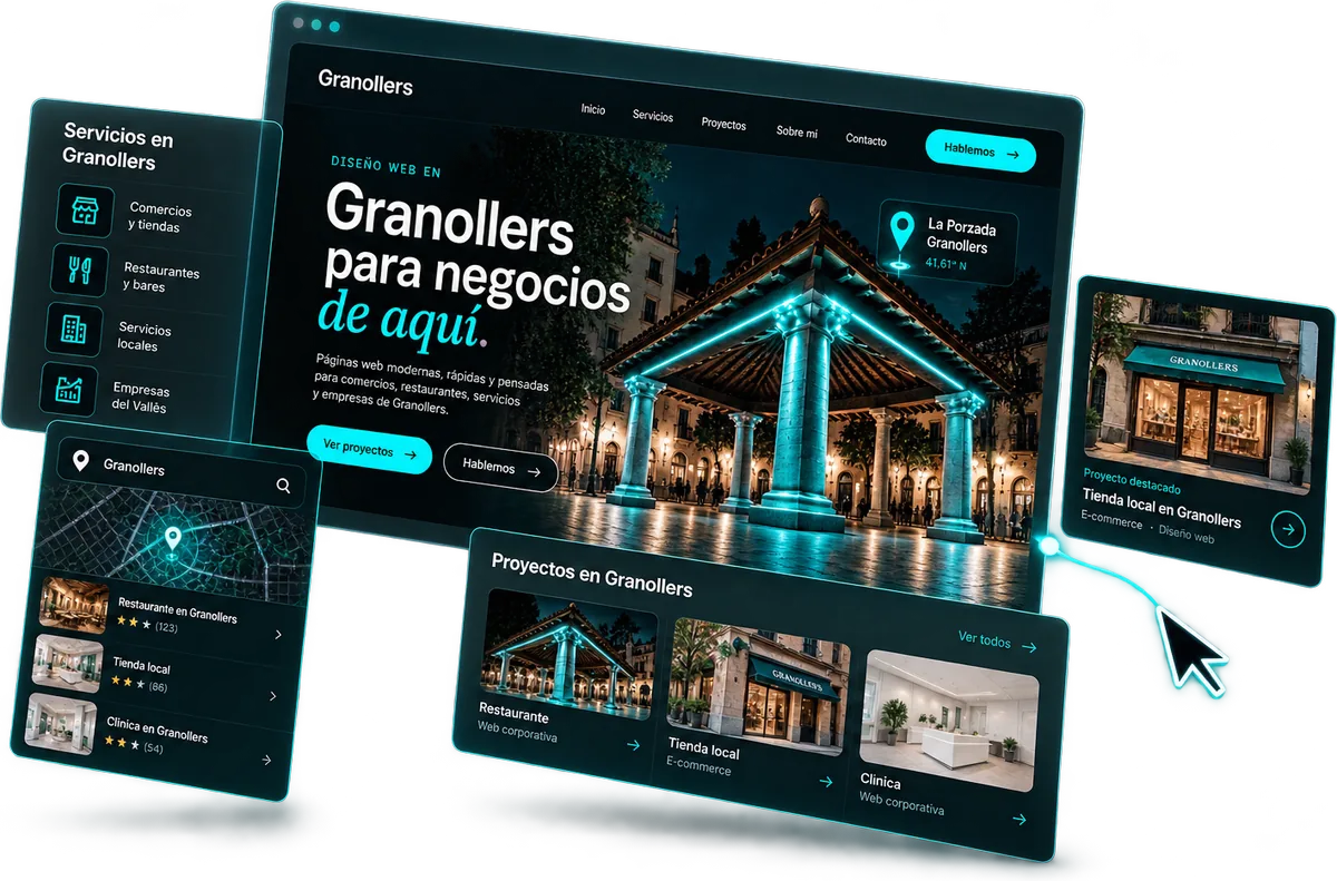 Diseño web en Granollers: maqueta de una web para negocios de la ciudad con la Porxada iluminada de noche, un mapa de Granollers, servicios para comercios, restaurantes y empresas, y ejemplos de proyectos locales