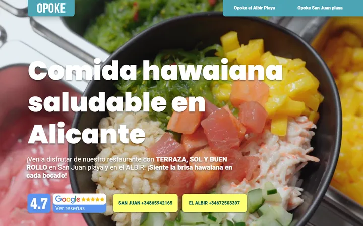 Página de inicio de la web de Opoke, restaurante de poke, diseñada por GERARD