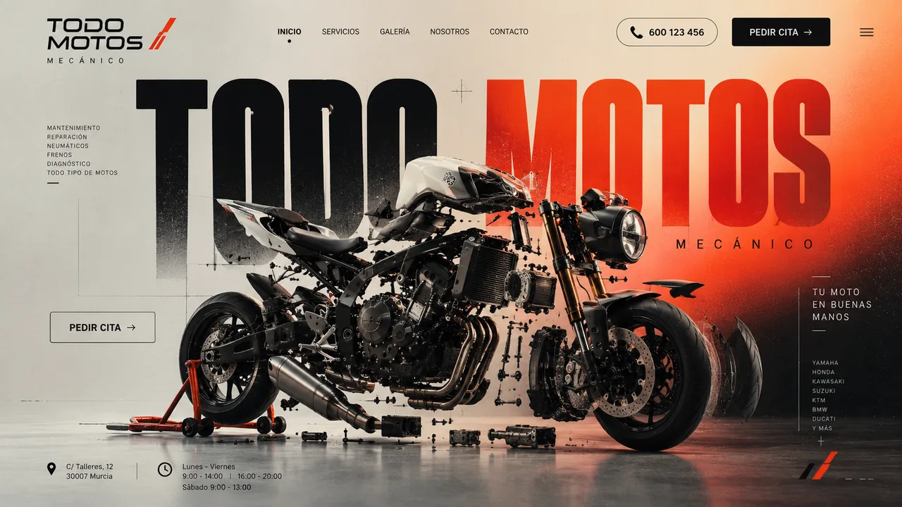 Versión a medida del taller ficticio Todo Motos Mecánico: el nombre en tipografía gigante negra y naranja, una moto deportiva despiezada en el centro, lista de servicios y marcas en los laterales, y botones para pedir cita