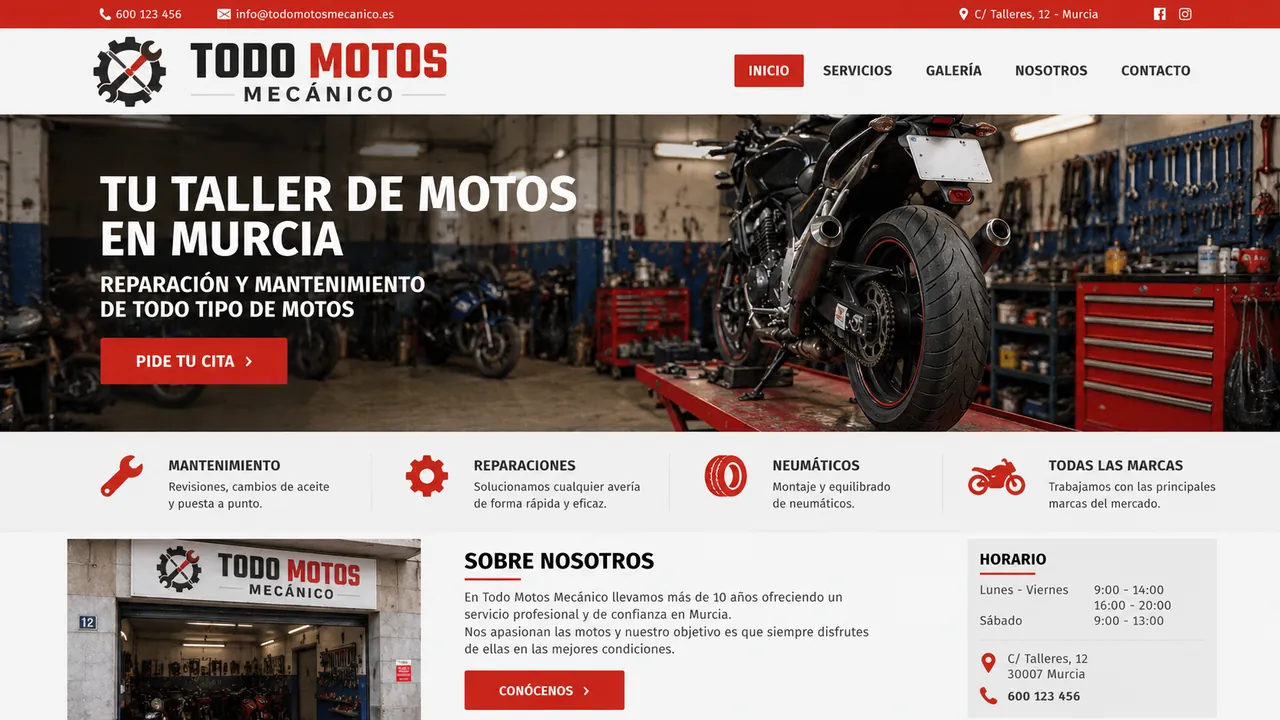 Versión de plantilla del taller ficticio Todo Motos Mecánico: barra superior roja con teléfono y correo, menú estándar, foto de una moto con el titular «Tu taller de motos en Murcia», cuatro iconos de servicios y bloques de sobre nosotros y horario