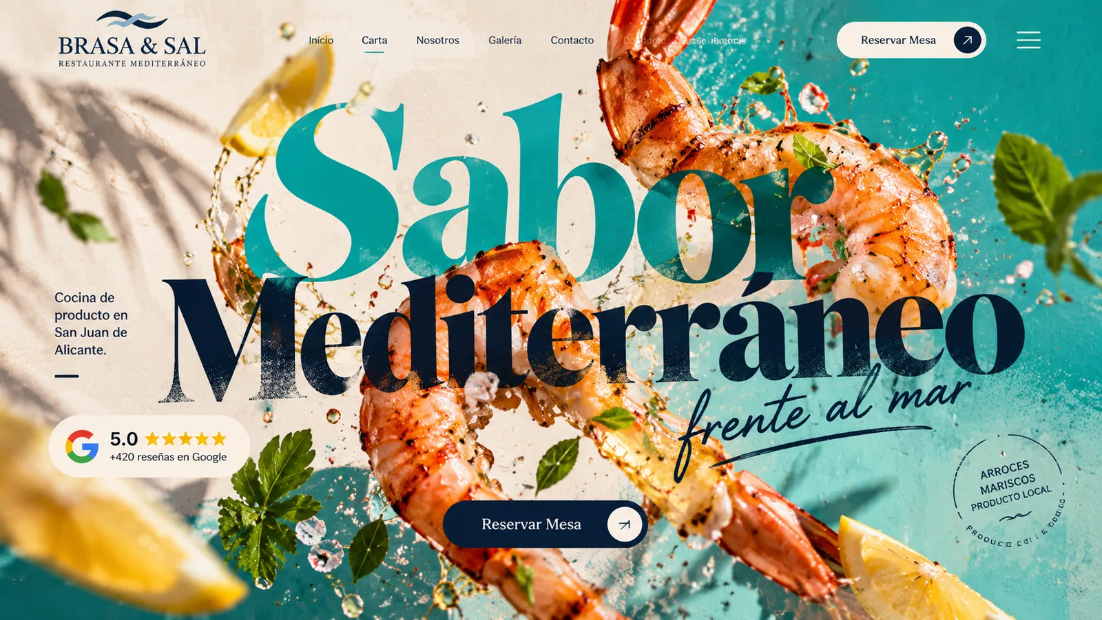 Después: el mismo restaurante con un diseño a medida, titular gigante «Sabor Mediterráneo frente al mar», langostinos en primer plano sobre fondo turquesa, valoración de Google y botón para reservar mesa