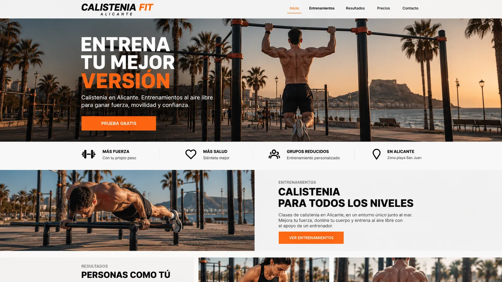 Antes: web de plantilla para un centro de calistenia, con cabecera estándar, foto grande, iconos genéricos y botones naranjas