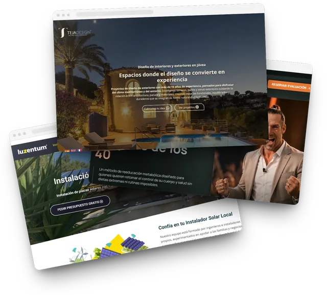 Tres webs reales diseñadas por GERARD, de Teja Design, Nutriforty Fit y Luzentum, abiertas en abanico