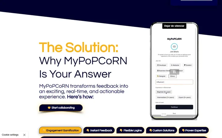 Landing de MyPoPCoRN, plataforma de feedback en tiempo real, diseñada por GERARD