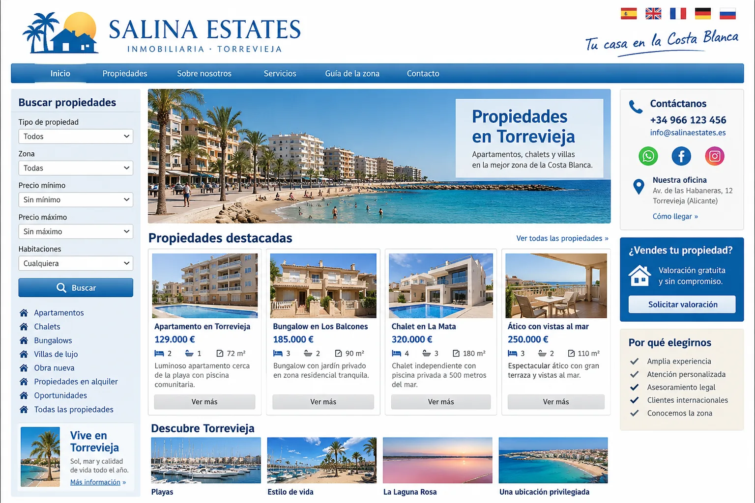 Antes: web de plantilla de una inmobiliaria ficticia de Torrevieja, con menú azul, buscador lateral, fichas de pisos iguales y mucha información amontonada