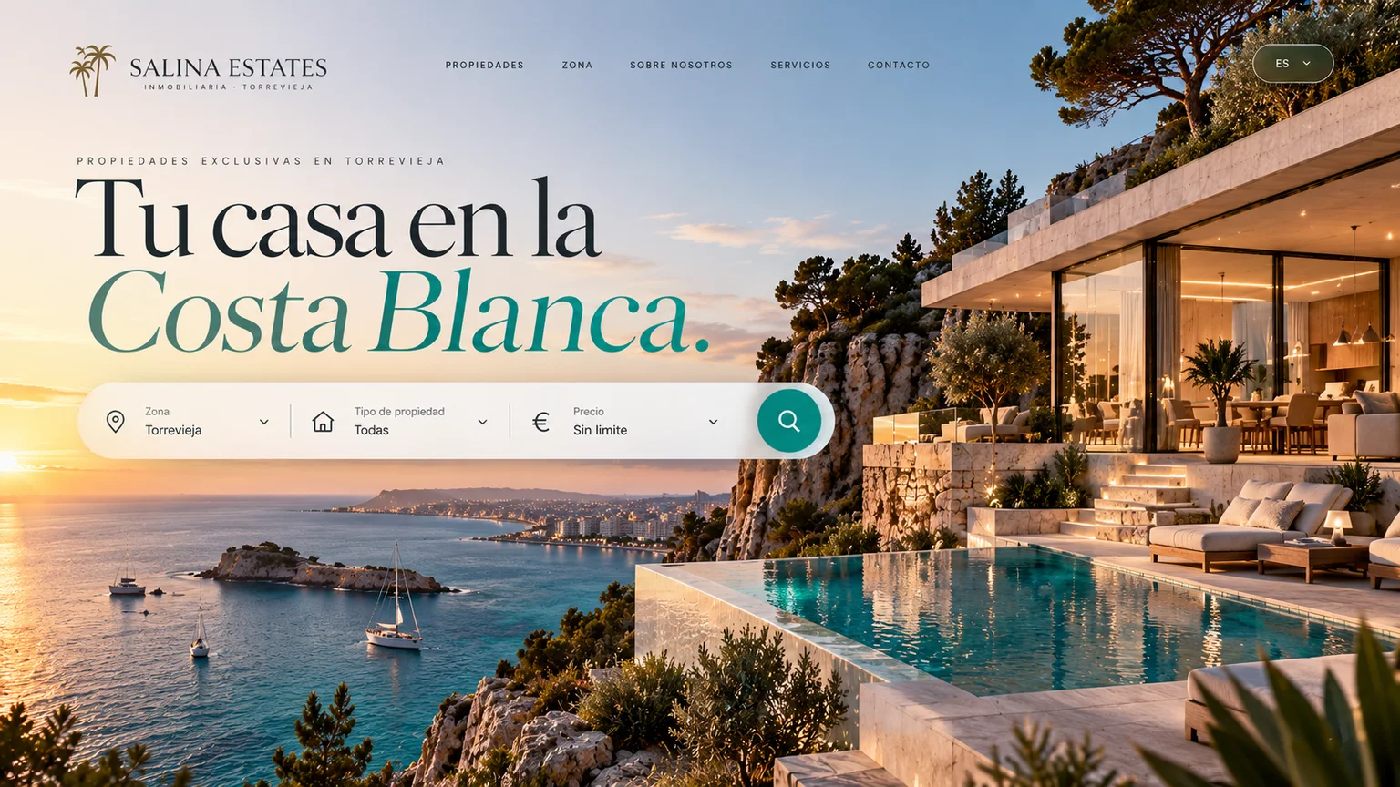 Después: la misma inmobiliaria con una web nueva a medida, con titular elegante, buscador integrado y una gran fotografía de una villa con piscina frente al mar